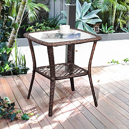 DIMAR GARDEN Juego de muebles de patio de mesa de centro al aire libre,Mesas de barra lateral de mimbre con tapa de vidrio y almacenamiento,Balcón de cubierta de patio trasero