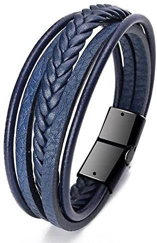 LIRU Lederarmband,Lederarmbänder Für Männer Schwarz Multi-Layer Retro Geflochtenes Lederarmband Schwarz Modeaccessoires Schnalle Blaues Lederarmband Charm Schmuck Für Frauen Männer Geschenk 19Cm