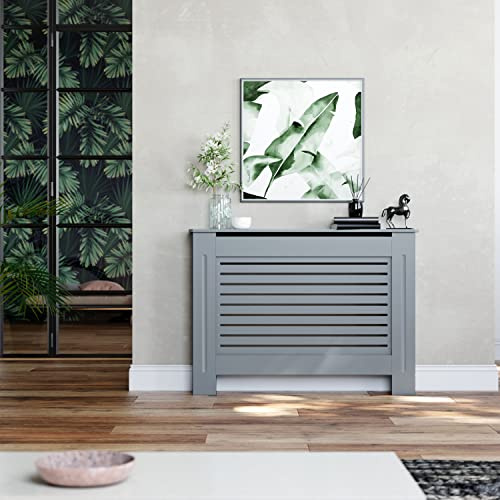 ELEGANT Radiator Cover Medium Grey Painted Radiator Cabinet Horizontal Slatted Grill Top Storage Shelve MDF Wood Living Room Cabinet