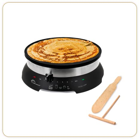 LITTLE BALANCE 8538 Celtic Chef, Crepera eléctrica 3 en 1: Panqueques, empanadas, Plancha, Placa XXL Diámetro 33 cm, Termostato ajustable, 1300 W, Negro