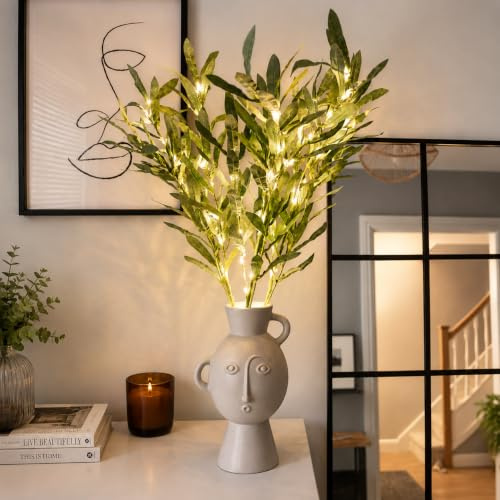Festive Lights - 6 x 65cm Decorative Olive Leaf Branch Lights (2 Pack) with 120 Warm White LEDs - Battery Powered Indoor Foliage, Timer Function, Green Design, Clear Cable, Twig Style Vase Display