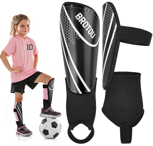Youth Football Shin Guards, BROTOU High Strength Junior Shin Pads with Calf & Ankle Protection, Lightweight Design, Breathable, Non Slip Extended Adjustable Straps, for Boys and Girls (XS, Black)