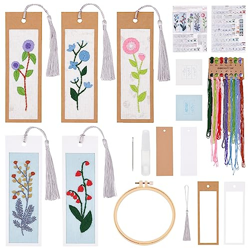 INFUNLY 5 Set Stickerei Lesezeichen Set Plant Book Marker Cross Stitch Kits DIY Hand Stickerei Lesezeichen gezählt Cross Stitch Kit zum Lesen von Lehrer Geschenkunterricht inklusive inklusive