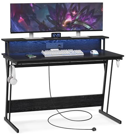 VASAGLE Gaming Desk with LED Lights and Built-In Power Outlets, Computer Desk with Monitor Shelf, Gaming Table for 2 Monitors, Office Desk, for Bedroom, 60 x 120 x 76 cm, Ebony Black LWD292B56