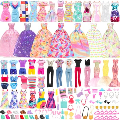 Miunana 5 Vestidos Grandes + Vestidos de Pailettes + 9 Vestidos De Moda + 4 Ropas + 3 Trajes De Baño + 55 Accesorios + 15 Zapatos para 30 cm 11.5 Pulgadas Muñeca