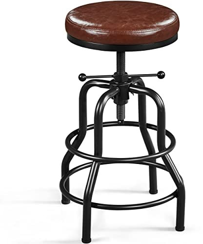 Yaheetech Industrial Bar Stools Rustic Kitchen Height Adjustable Barstool (54.5-71.5 cm) Chairs Round with Faux Leather Seat, Footrest for Kitchen Counter, Home Bar, 1PCS