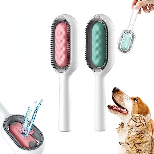 2023 NEW Dog Brush with Water Tank Cat Brush with Wet Wipes(not include) Cleaning Brush for Pet Hair Pet Cleaning Hair Removal Comb Ideal for Massage Care and Remove Hair (3mm-Short Hair,Blue+Pink)