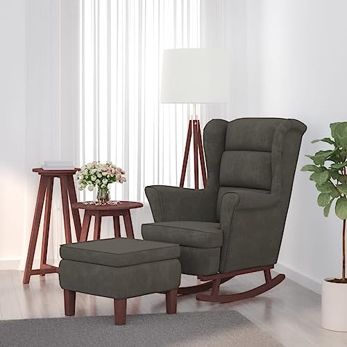 KOIECETA Schaukelstuhl mit Massivholz-Gummibeinen Relaxstuhl Schaukelsessel Schwingsessel Relaxsessel Schwingstuhl Polstersessel Sessel Samt (Dunkelgrau, Mit Fußablage)