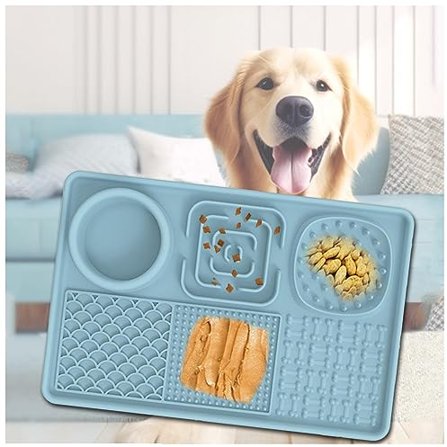 JUNZAI Schleckmatte Katze, mit superstarker Saugkraft,BPA-fre,Anti Rutsch, Silikon Schleckmatte Hund Leckmatte Für Hunde Groß, für Hund für Baden, Trainieren, Fellpflege Krallenpflege,Blue