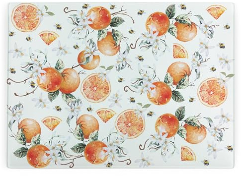 Tangerines Planche à découper rectangulaire en verre – Agrumes et abeilles – Grande protection de plan de travail – Planche à découper de cuisine lisse avec pieds antidérapants 39 cm x 28,5 cm