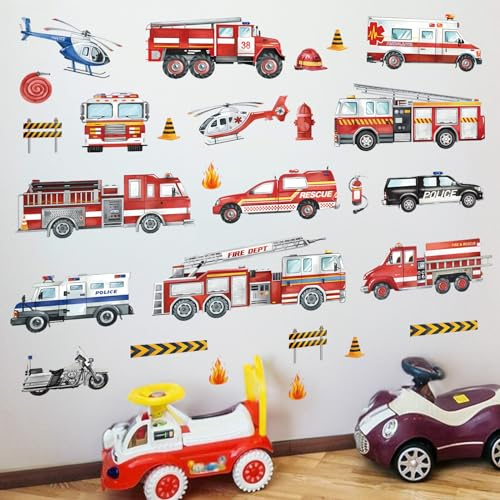 decalmile Wandsticker Feuerwehrauto Autos Wandtattoo Polizei Transporte | Abziehbare und Aufklebbare Wandaufkleber, DIY Abnehmbare Wandkunst Abziehbilder, Wandfreundlich, Leuchtenden Farben