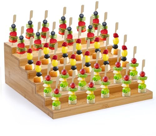 Kingrol Espositore per spiedini per antipasti con 180 fori e 100 spiedini, 6 ripiani in bambù per frutta, verdura, carne e formaggio