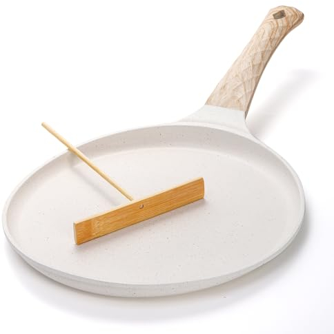 Hiceeden Nonstick Crepe Pan with Spreader, 10-Inch Tortilla Griddle Pan, Ceramic Coating Dosa Tawa, Induction Compatible, PFOA Free (White)