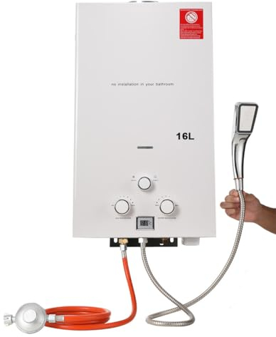 TABODD 16 l Propan-Gas-Durchlauferhitzer mit Druckregler, 32 kW Durchlauferhitzer mit GPL, tragbarer Brenner für Durchlauferhitzer, ohne Tank mit Duschset für Camping, Weiß