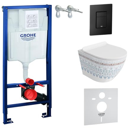 Lavita Vorwandelement Solido + Wand Hänge WC Sofi Slim Folklor Spülrandlos + WC Sitz mit Absenkautomatik Schwarzer Knopf Komplettset Unterputz Spülkasten Toilette Komplett Sett WC