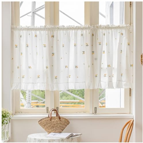 Scheibengardine Rüschen, gelb, floral, Bestickt, Bistrogardine, Verdunkelung, rustikal, Baumwolle, Küche, Kurze Vorhänge für Wohnzimmer, Schlafzimmer, Kinderzimmer (Color : White, Size : WxH 135x150