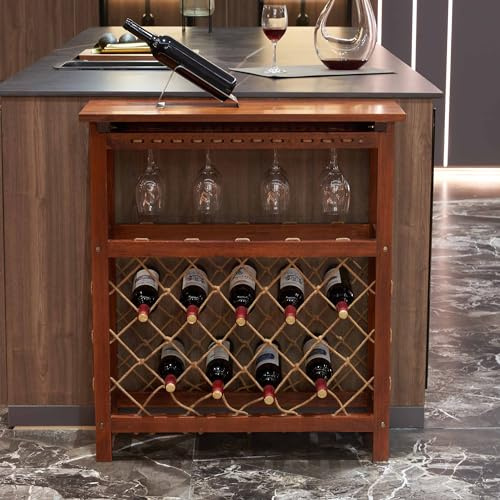 Estante de vino, estante independiente para 32 botellas, estante de almacenamiento, estante de exhibición independiente para cocina, despensa, sótano, nogal