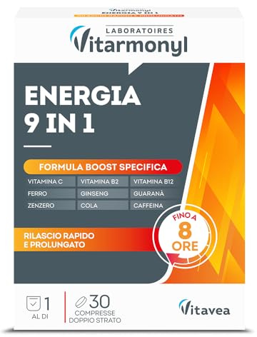 Energia 9 in 1 - Integratore Alimentare Stanchezza e Energia - Multivitaminico - Vitamina C, B2, Vitamina B12, Ferro, Ginseng, Zenzero, Caffeina - Boost di Vitamine - 30 Compresse - Vitarmonyl