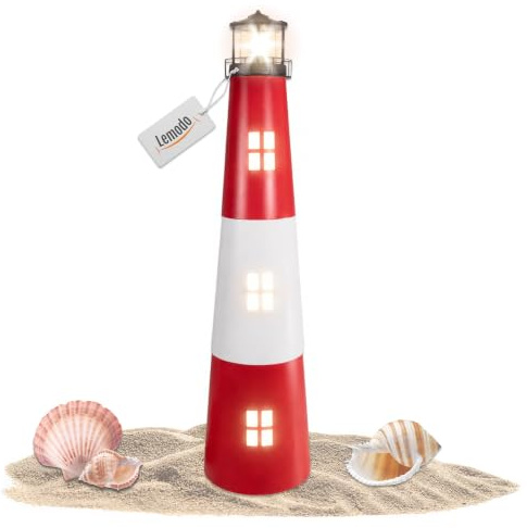 LEMODO Gartendeko Leuchtturm, Dekoleuchte für den Garten mit solarbetriebenem, rotierendem Leuchtfeuer, 120 cm hoch, aus Metall, Maritime Außendeko mit LED-Beleuchtung