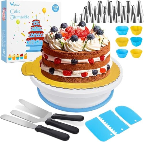 103-tlg. Tortenwerkzeug Set: Drehbarer Tortenständer, 50 Einweg-Spritzbeutel, 24 Düsen, 2 Spatel, Kuchenschneider, 3 Schaber - Perfekt für Kuchen Dekoration und Backen