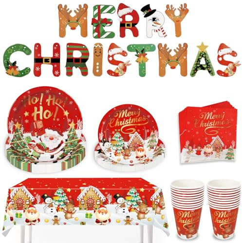 Christmas Party Tableware Set for 20 People, 82Pcs Xmas Decoration Paper Dinnerware Set with Christmas Banner Plastic Tablecloth, Plates, Napkins, Cups & Party Supplies