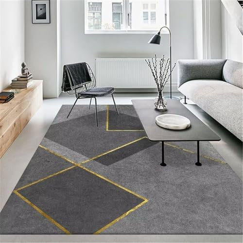 DJHWWD Teppich Quadratisch Für Esszimmer Nach Mass Goldener, schmutzabweisender, langlebiger mit modernem geometrischem Muster 100x200CM Grau Boden