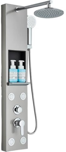 GMWARDDF Duschsets für Badezimmer Schwarzes Duschpaneel mit Ablagefach Regendusche Wasserhahn-Set SPA Massage Jet Badewanne Duschsäule Doppelgriff Mischbatterie Tower 7001 Gebürstet