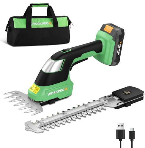 WORKPROX 2-in-1 Cordless Hedge Trimmer and Grass Shear, 20V Electric Hedge Trimmer with 2000mAh Battery, Lightweight Handheld Garden Trimmer with 2 Interchangeable Blades, Carrying Tool Bag Included