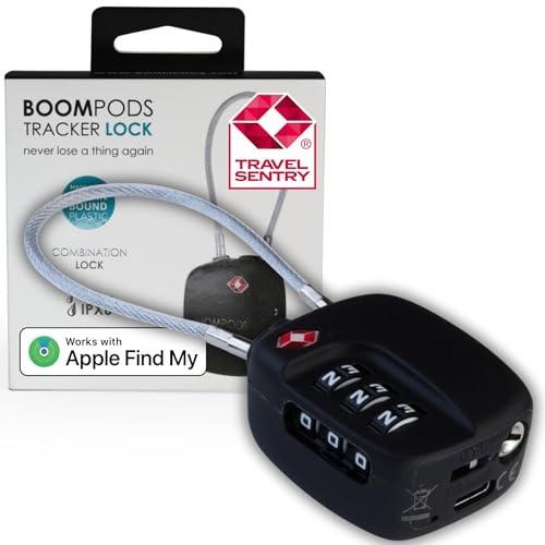 Boompods Tracker Lock - Smart Luggage Lock with Built-in Bluetooth Tracker, TSA Compatible Padlock, Rechargeable Smart Item Finders for Suitcases & Bags, Compatible with Apple Find My App, Black