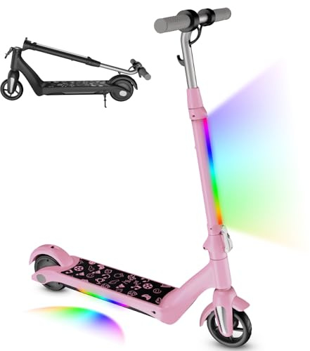 scoot4kids Elektrischer Kinder-Scooter, Alter 6-12, 80W Motor, 8 km Reichweite, 50 kg Tragkraft, faltbar mit LED-Display & Regenbogenlichtern, einstellbare Höhe, Geschenk für Kinder (Rosa)