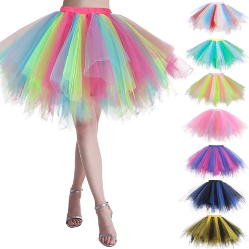 Tüllrock Regenbogen Damen Petticoat Bunt Tütü Rock Tutu Karneval Kostüm Karnevalskostüme Partykleid Regenbog-Rock Mädchen Minirock