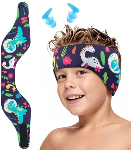 Funyord Bandeau de Natation Enfant, Bandeau Élastique avec avec Bouchons d'Oreille de Protection pour la Natation et Autres Sports Nautiques (Bleu Marine, L)