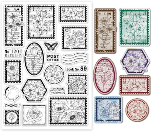 GLOBLELAND 8.27×5.83Zoll Vintage Blumen Pflanzen Transparente Stempel für Scrapbooking Kaffeeflecken Poststempel Klare Stamps Tulpen Magnolien Silikonstempel Für Kartengestaltung DIY Prägung
