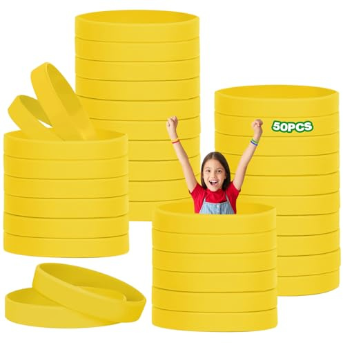 HONTIUS 50PCS Silicone Wristbands for Men Women, Rubber Wristbands Blank Wrist Bands Universal Wristband Set Bulk for Teens Sport Suitable for 12+ Aged Yellow
