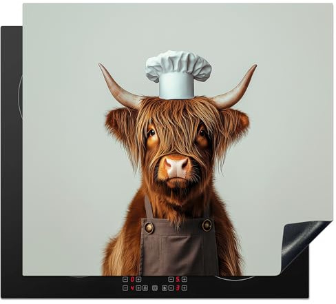 KitchenYeah© Herdabdeckplatte Einteilig Ceranfeld Abdeckplatte für | 60x52 cm - Induktionsschutz Ceranfeldabdeckung Vinyl Herdabdeckplatten Schottische Hochlandrind - Braun - Hörner