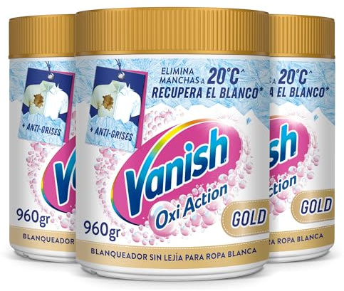 Vanish Oxi Action Gold - Quitamanchas multibeneficio, blanqueador y potenciador del lavado, para ropa blanca, En Polvo, Sin Lejía 2,88kg (3x 960g)