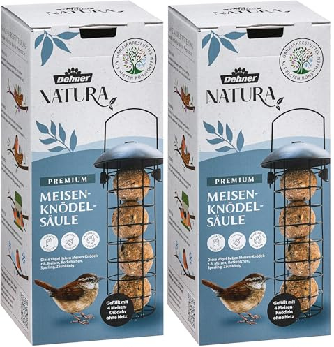 Dehner Natura Premium Wildvogel Futtersäule, Meisenknödelsäule gefüllt, inkl. 4 Meisenknödel, ganzjähriges Wildvogelfutter fettreich/energiereich, hochwertiges Vogelfutter für Wildvögel,ca. Ø 7 cm