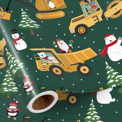 RUSPEPA Rouleau De Papier Cadeau De Noël Pour Garçons, Mini Rouleau, Motif Camion De Chantier, Père Noël, Bonhomme De Neige, Pingouin Et Ours, Papier Cadeau Vert Pour Enfants, 43,2 Cm X 5 M
