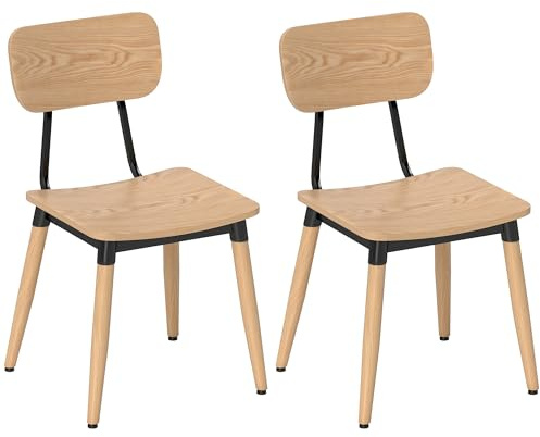 HOMCOM Lot de 2 chaises de Salle à Manger chaises de Cuisine Modernes avec Pieds en Acier et Dossier incurvé pour Salle à Manger, Chambre, Salon, Effet Bois Naturel