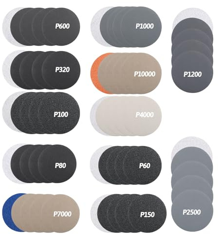 Lot de 60 disques abrasifs ronds de 75 mm - Grain 60/80/100/150/320/600/1000/1200/2500/4000/7000/10000 - Pour voiture, métal, bois, verre
