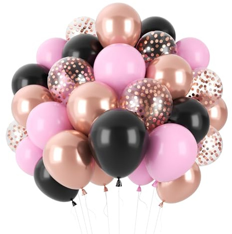 Rosa Schwarz Luftballons,60 Stück 12 Zoll Rose Gold Luftballons Geburtstag,Schwarz Latex Ballons,Helium Ballon für Hochzeit Geburtstag Jahrestag Partydeko Dekoration