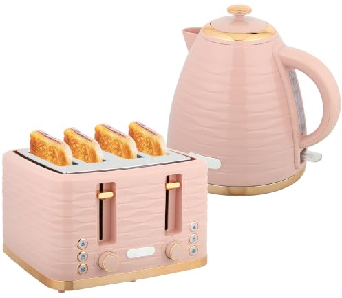 HOMCOM Wasserkocher Toaster Set Frühstück-Set Rosa | 2200 W, 1,7L Wasserkocher mit Otter Thermostat, 4 Scheiben Toaster, 7 Bräunungsstufen, Auftauen, Aufwärmen, Krümelfach
