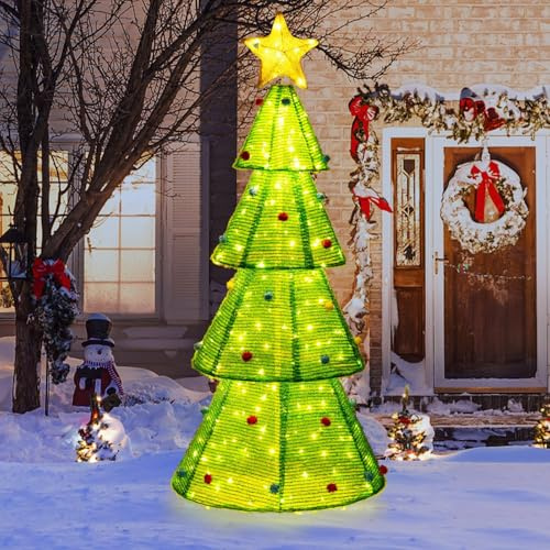 COSTWAY LED Weihnachtsbaum, 190 cm beleuchtete Weihnachtsdeko mit 200 LED-Lichern, Weihnachtsdekoration mit Stern & Plüschkugeln, Weihnachtsbeleuchtung für innen und außen
