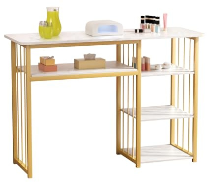 Chiusuet Escritorio de uñas, mesa de manicura, estación de uñas, escritorio de manicura con textura de mármol, escritorios técnicos resistentes a la acetona para salón de belleza, spa