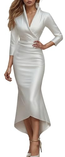 Foweknow Robes Femmes Élégantes Festives Mariage Robe de Cocktail Femmes Longue Satin Invitée Mariage Robe Fourreau Manches Longues Robe de Soirée Décolleté en V Robe Maxi Robe d'Hiver Business Robes