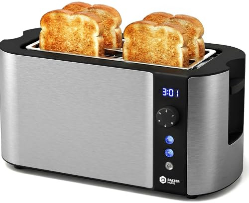 Balter Toaster 4 Slice wide slots, Long Slot, Stainless Steel, Built-in Rack, Extra wide slots for Thick Breads & Bagel, Timer, BPA-Free, Removable Tray, Silver