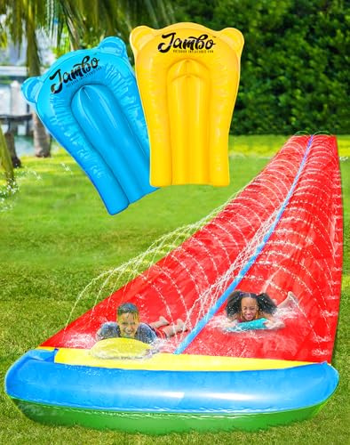 JAMBO 40Ft 3XL Updated Mega Slip Splash and Slide and 2 Bodyboards, Heavy Duty with Inflatable Crash Pad, Slide Splash Mat Outdoor Splash Mat n Backyard Water Toys