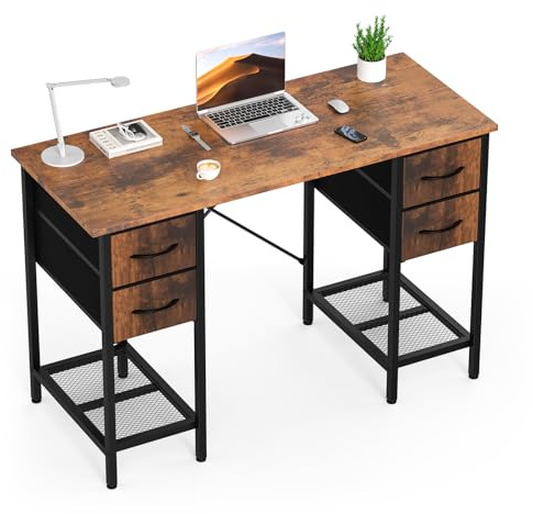 DUMOS Computer Desk 47 Inch with 4 Drawers Home Office Table with Mesh Shelf for Work Study Writing Gaming Storage Furniture for Bedroom, Rustic Brown