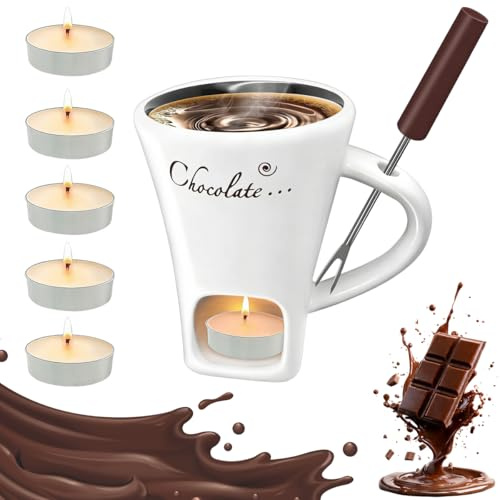 Vyrthalis Schokofondue Tasse – 200ml Keramik Schokoladen Fondue Becher Set mit Gabel & Teelicht | Mehrzweck Schoko Fondue Cup | Fondue Tasse für Käse Schokolade Butter Karamell(Weiß)