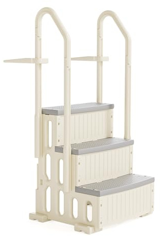 Bonnlo Poolleiter, Pooltreppe aus Kunststoff, mit rutschfesten Streifen und Handläufen, 3-stufig, bis 180 kg belastbar, für Oberirdische/Einbaupools, Weiß und Grau